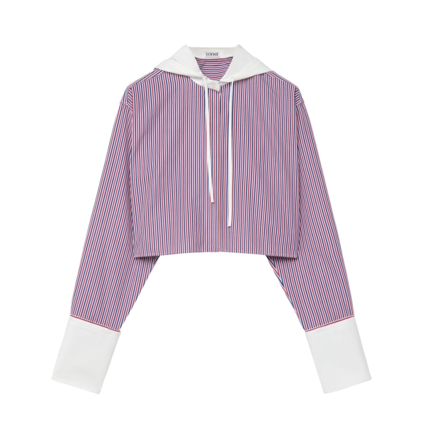 Cropped hooded shirt in striped cotton