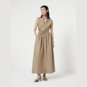 Techno cotton poplin dress with raffia belt and shiny trim