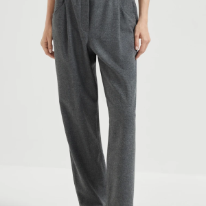 Virgin wool and cashmere twill flannel baggy trousers with monili