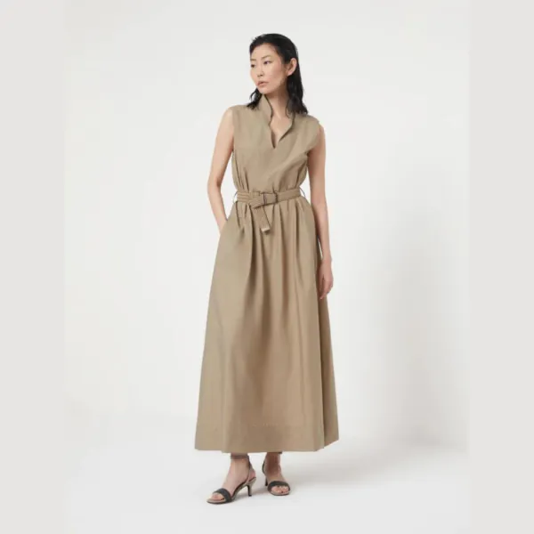 Techno cotton poplin dress with raffia belt and shiny trim