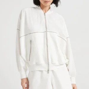 Paneled sweatshirt in cotton French terry and viscose wrinkled poplin with zipper and shiny trims