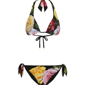 Rose and Peony-print padded triangle bikini