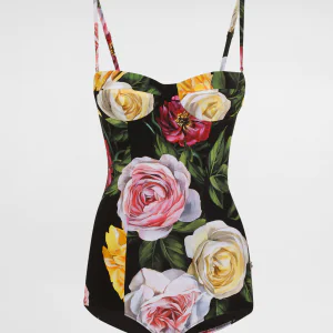 One-piece swimsuit with rose and peony print