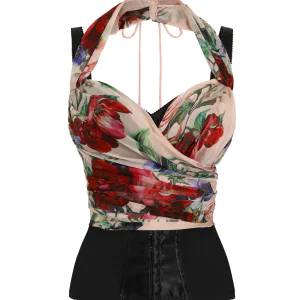 Marquisette and chiffon corset top with floral print