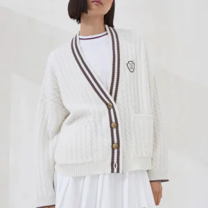 Cashmere cable knit cardigan with logo and metal buttons