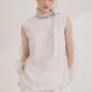 Crispy silk pussybow blouse with monili