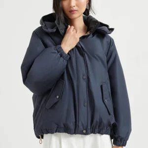 Techno cotton water-resistant taffeta down jacket with detachable hood and shiny zipper pull