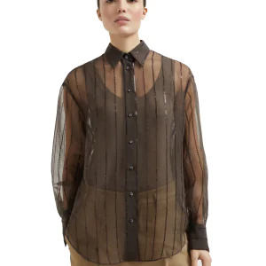 Crispy silk shirt with dazzling chalk stripe embroidery