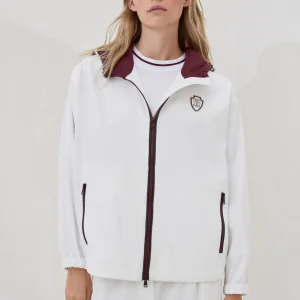 Nylon hooded outerwear jacket with logo and precious trims