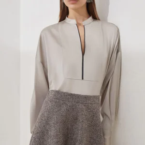 Stretch silk satin blouse with shiny plastron